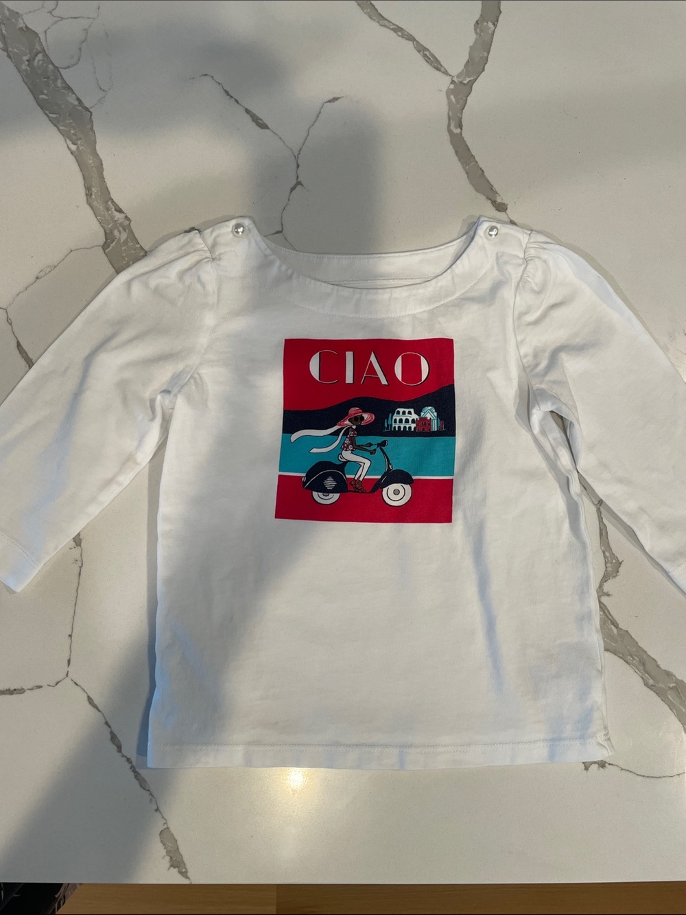 Janie and Jack White 3/4 Sleeve Top with Red and Teal Scooter Graphic